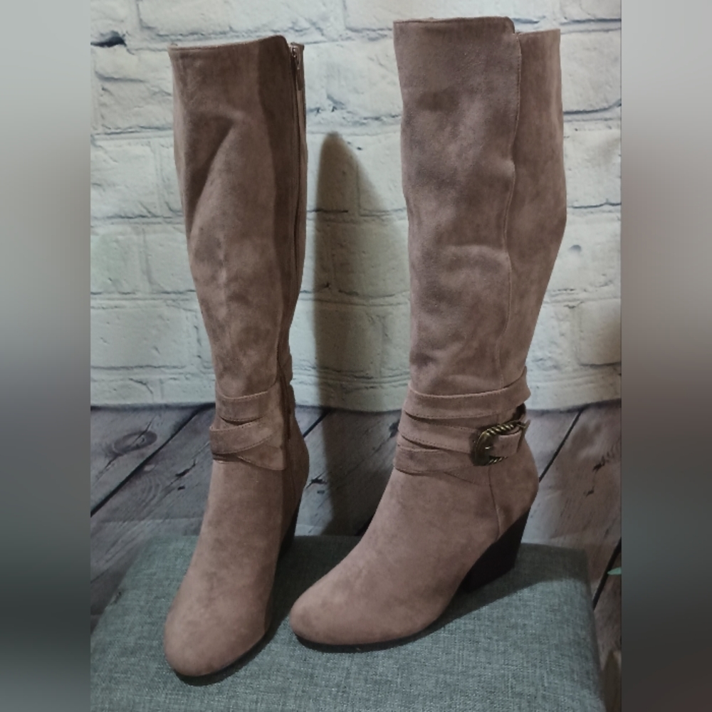 BellaVita Tall Harness Buckle Fashion BlockHeel Boots Taupe Suede